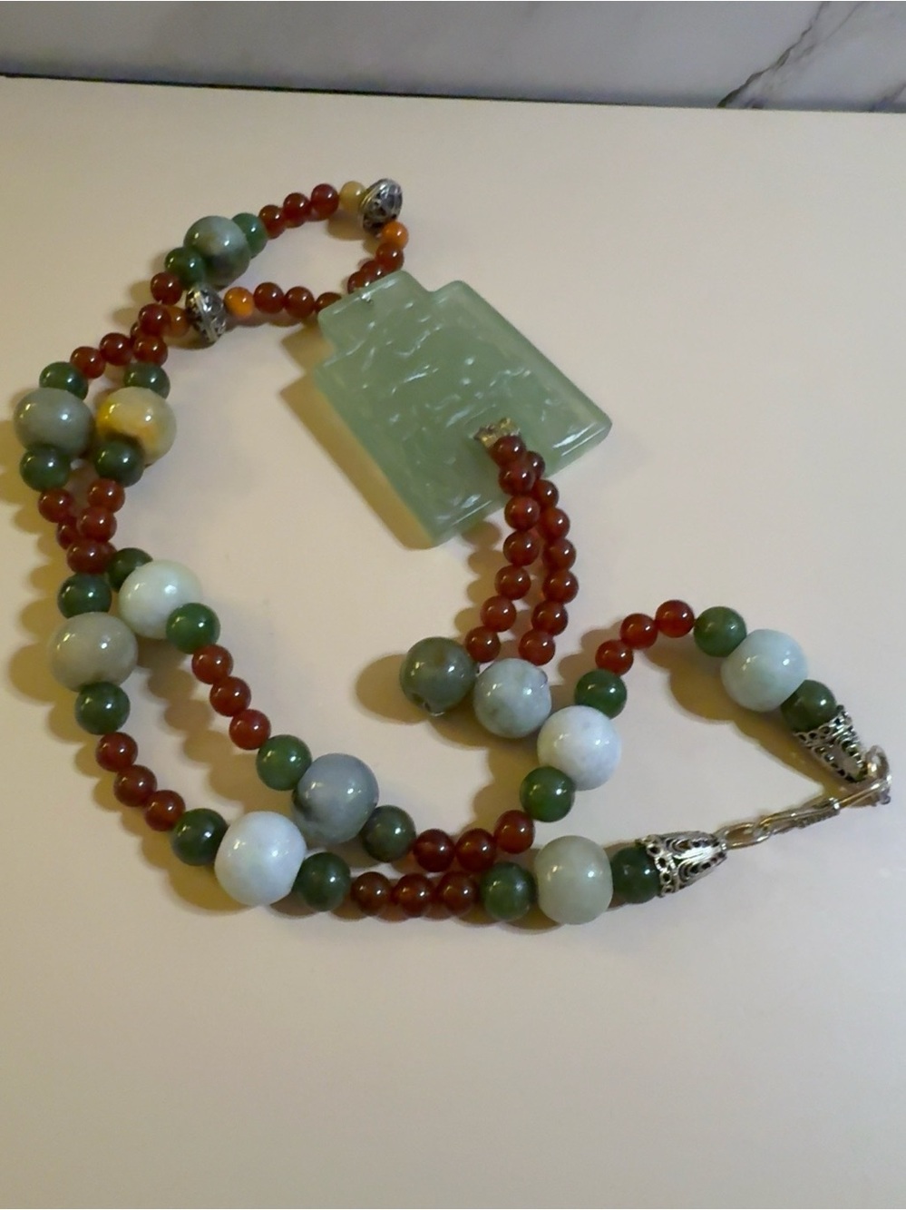 Vintage Solid Carved Jade Pendant Necklace